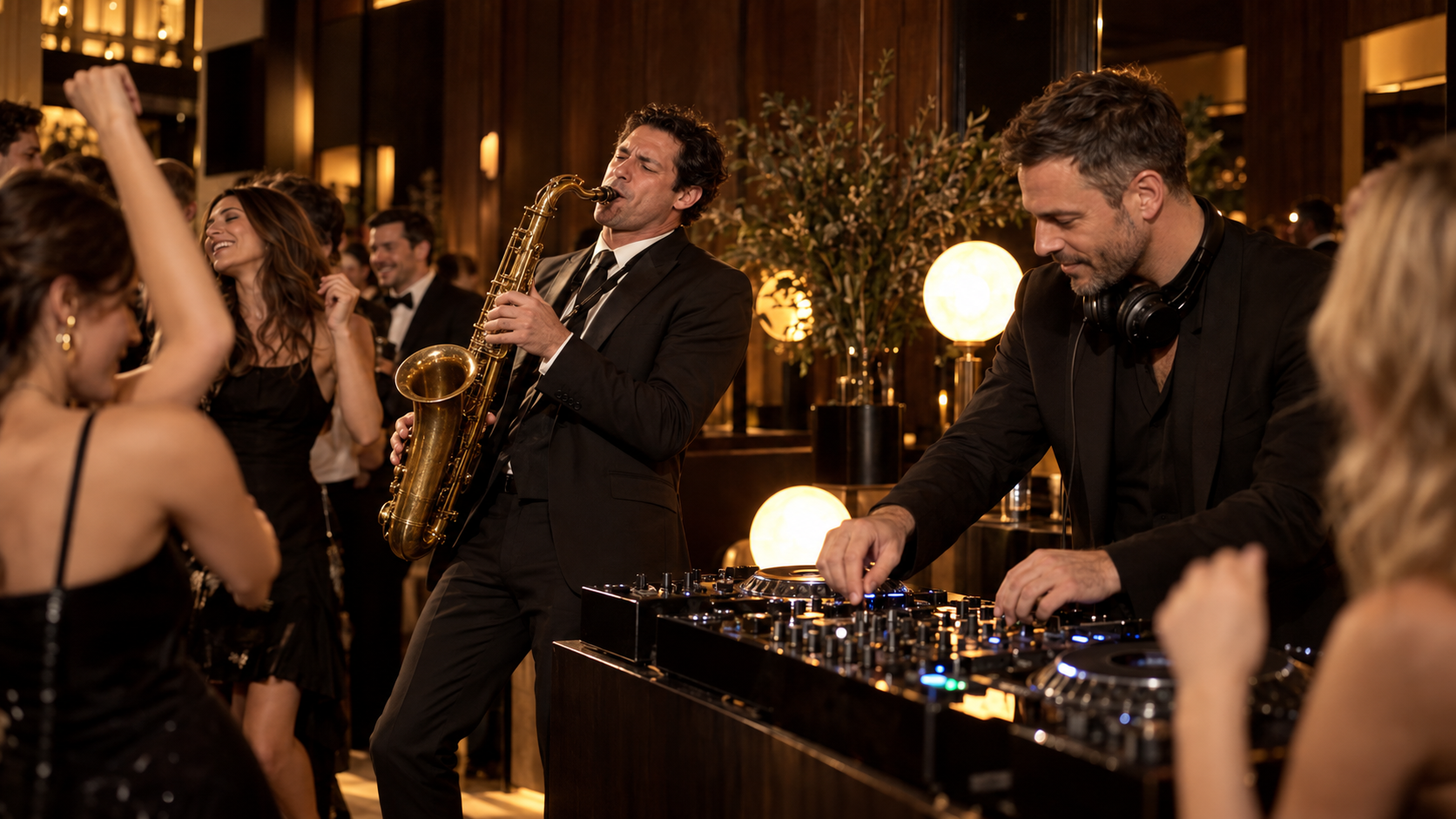 DJ et saxophoniste live pendant une soirée dansante élégante
