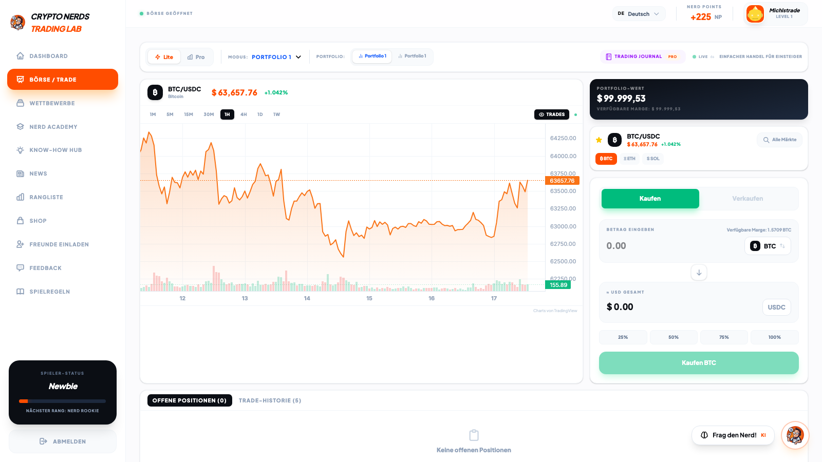 Demo-Börse im Trading Lab – Bitcoin-Chart mit Kauf-Panel und Demo-Depot