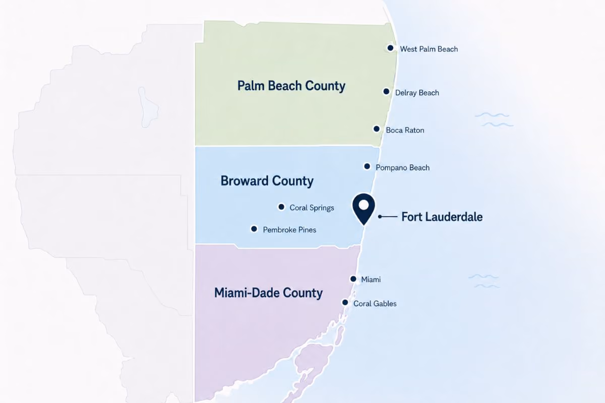 Map of Westfront Tax & Accounting's service area across Broward, Miami-Dade, and Palm Beach counties.