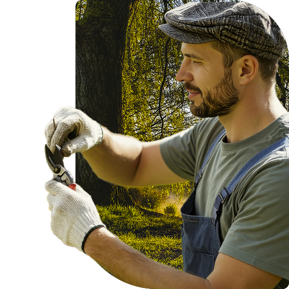 Photo d’un jardinier en train de couper une plante avec un sécateur.