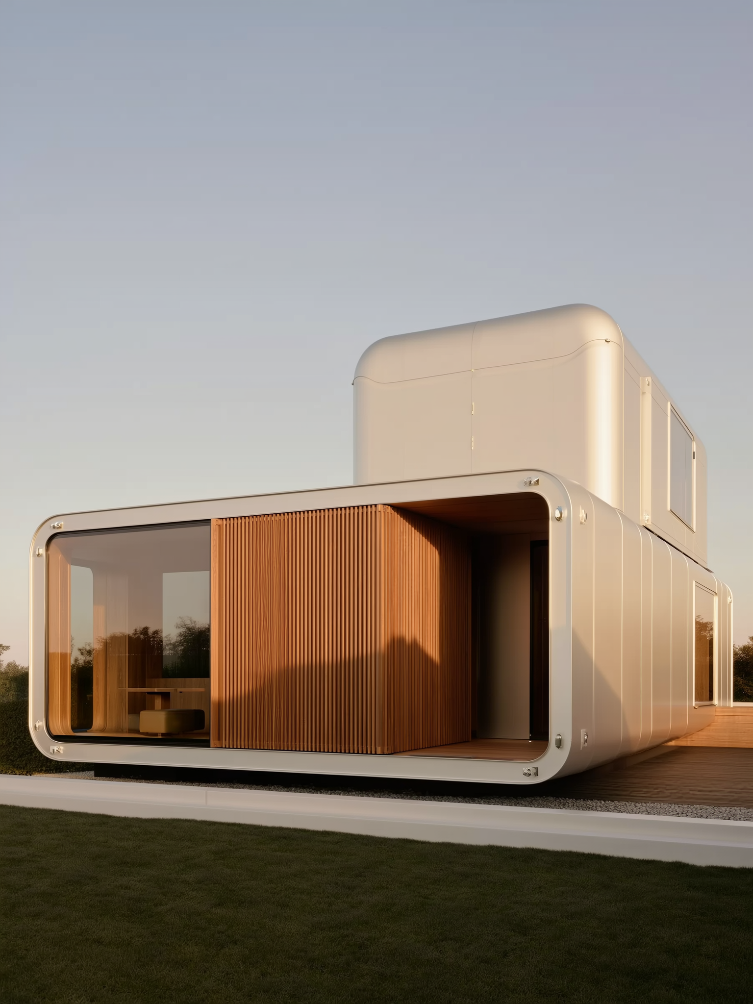 Modern, minimalist modular house with a white exterior and wooden paneling, featuring large glass windows.