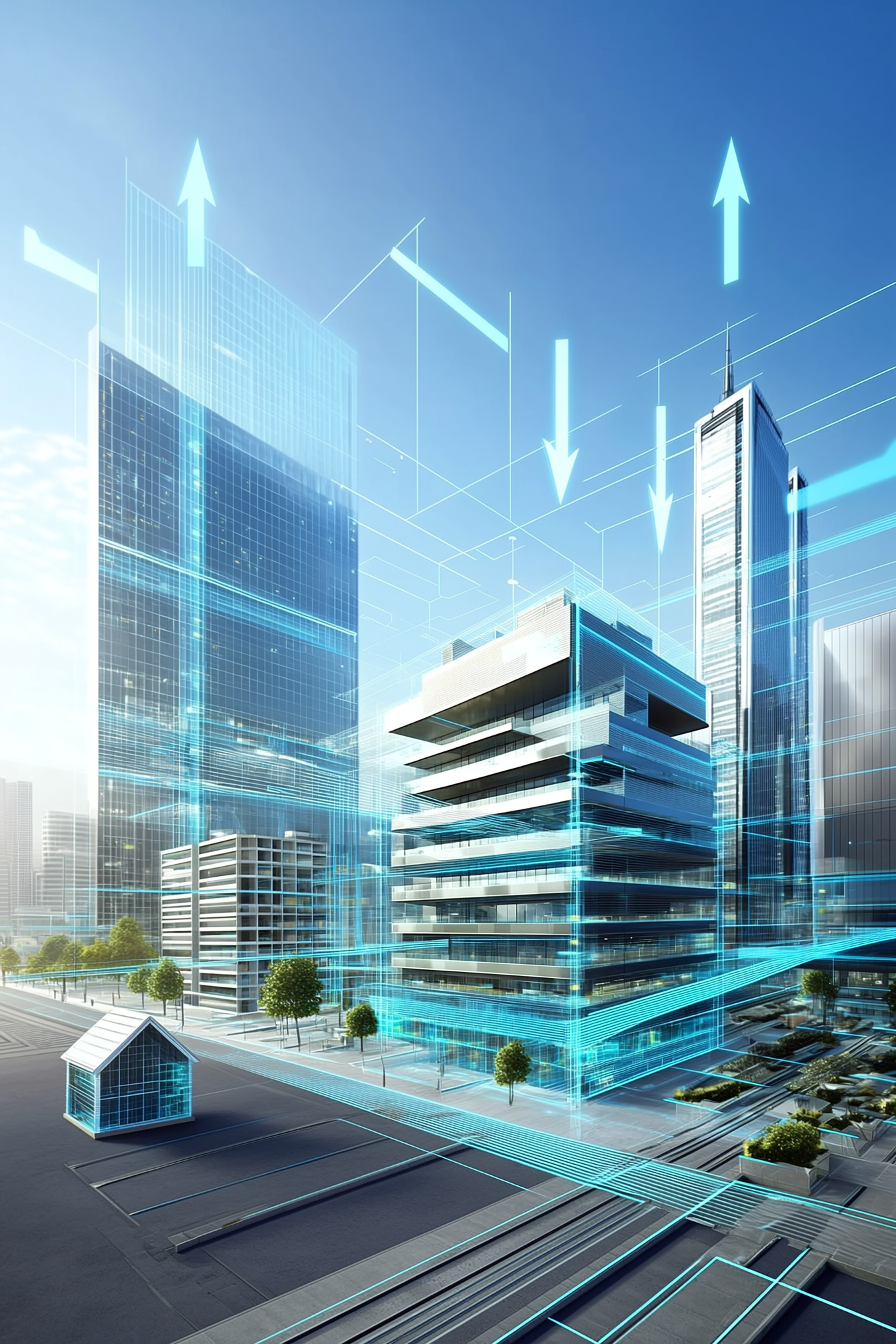 Futuristic cityscape with modern skyscrapers overlaid by glowing blue digital grid lines and arrows representing data flow.