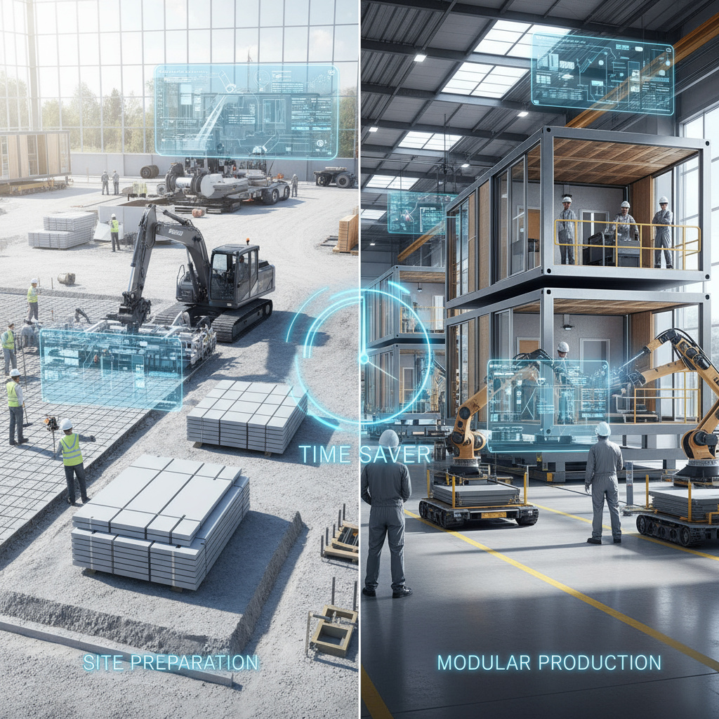 Split image showing site preparation with workers and machinery on the left, and modular production with robotic arms assembling units indoors on the right, with digital overlays labeled 'TIME SAVER', 'SITE PREPARATION', and 'MODULAR PRODUCTION'.