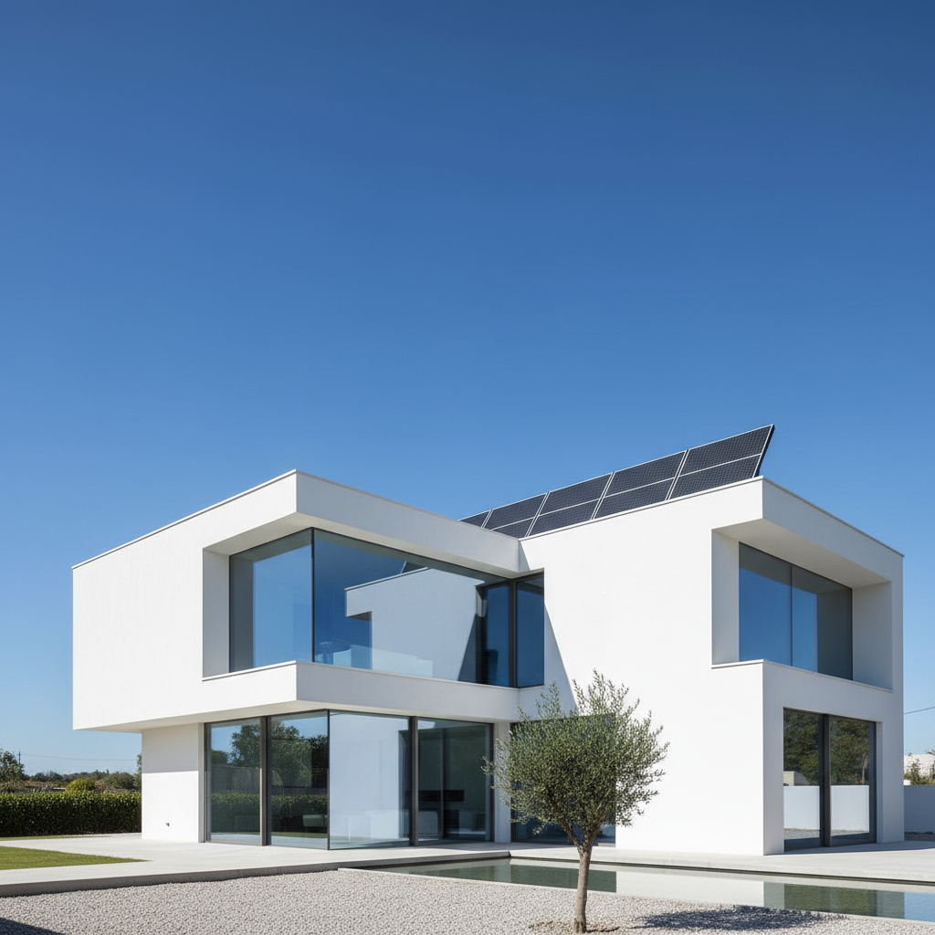 Modern white two-story house with large glass windows and solar panels on the roof under a clear blue sky.