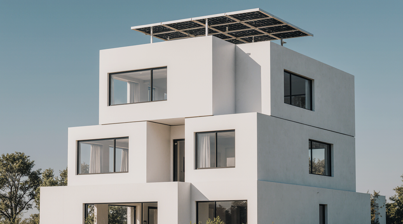 Modern white cubic house with large windows and solar panels on the flat roof under clear sky.