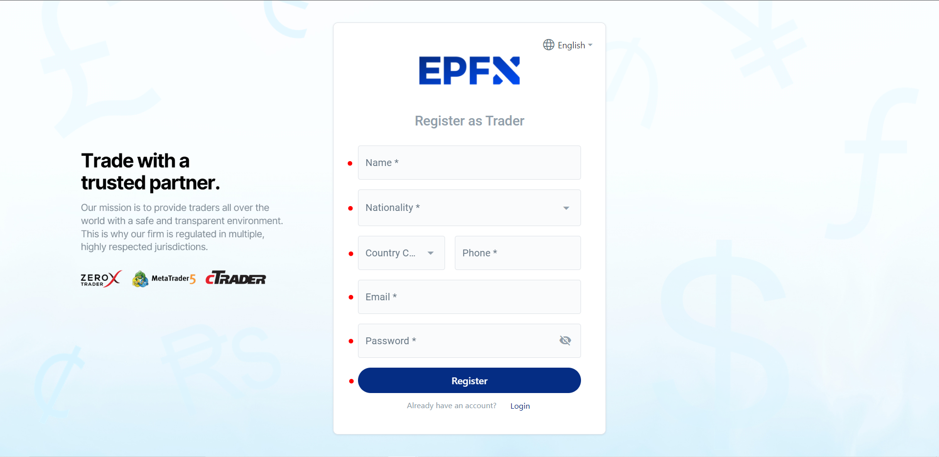 Registration form screenshot for EPFX the best regulated forex brokerage