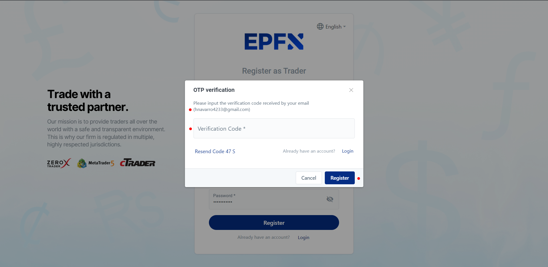 2FA Input on EPFX Forex Broker