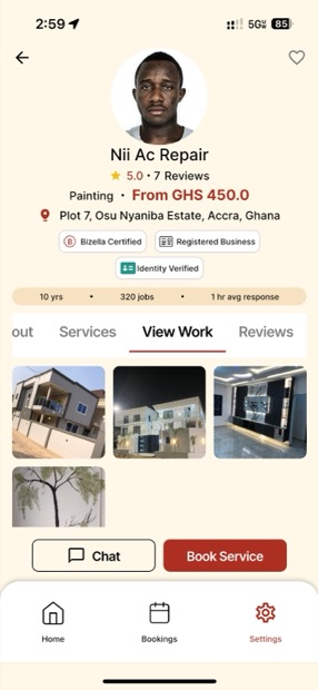 A Bizella provider profile page showing Bizella Certified, Registered Business and Identity Verified badges