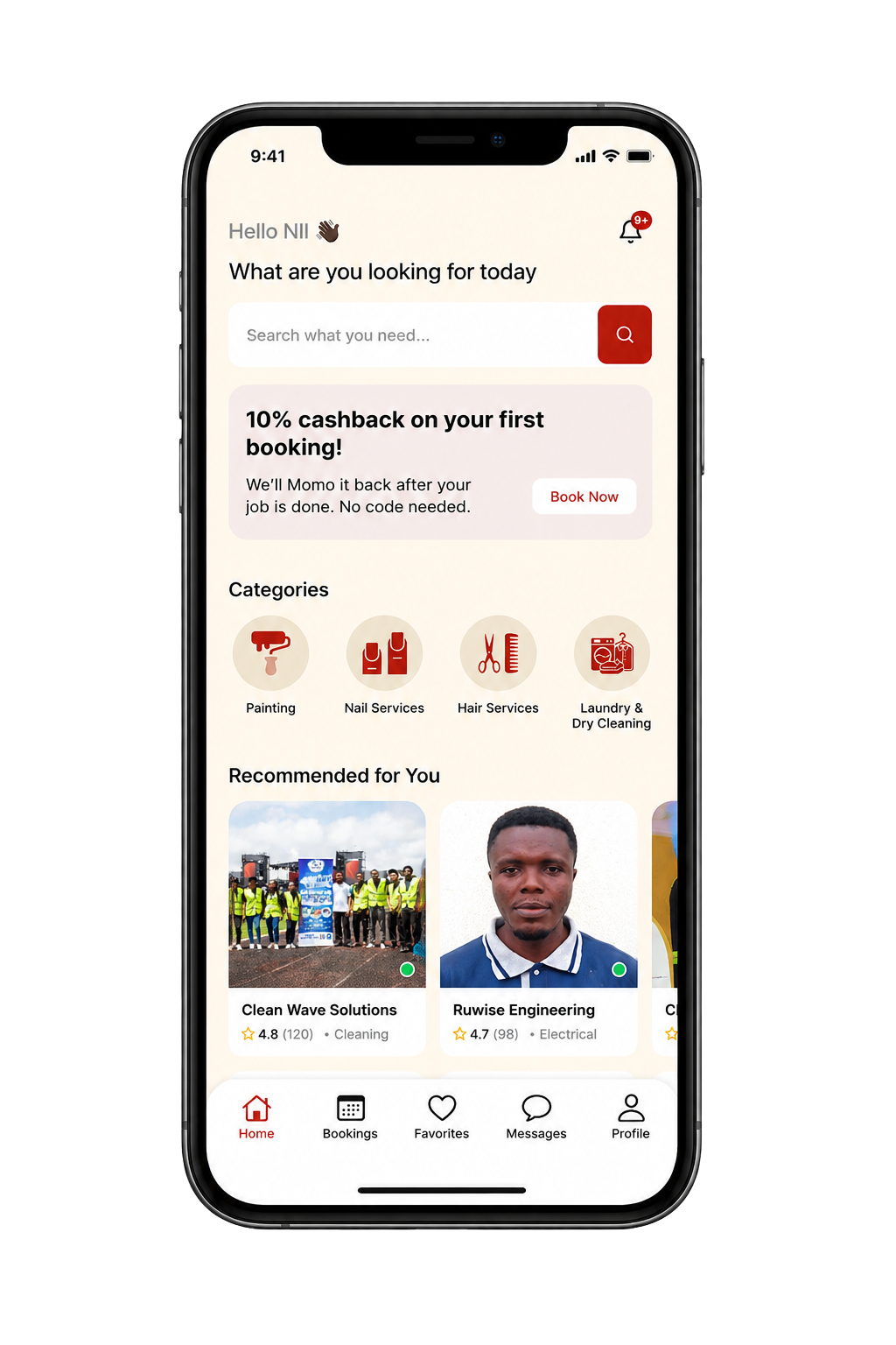 A hand holding a phone showing the Bizella app home screen
