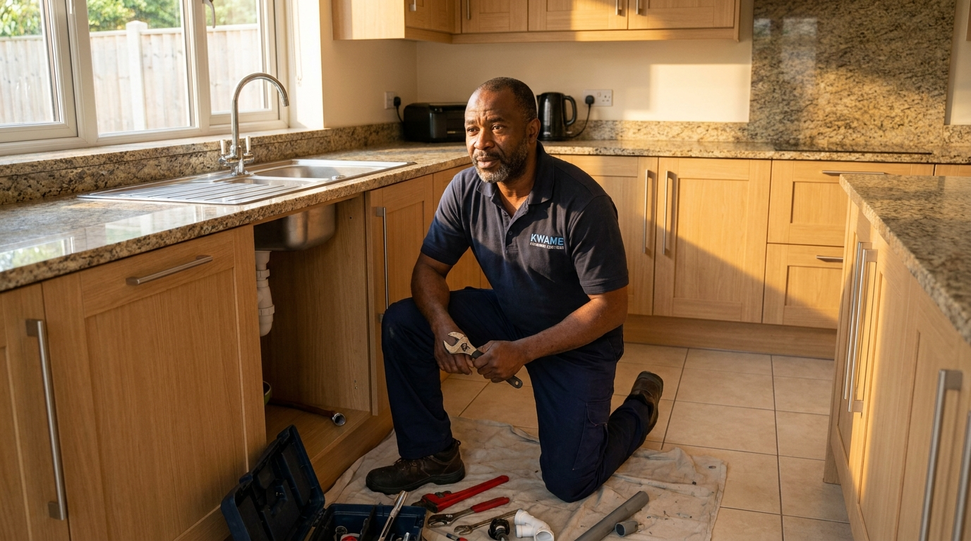 A plumber fixing pipes under a kitchen sink in an Accra home