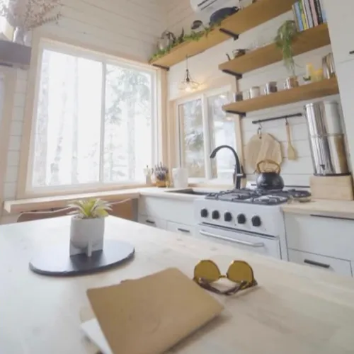 Bright white kitchen with open shelving and a small plant on the counter