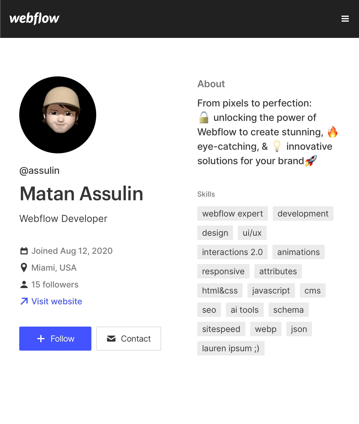 a screenshot of Matan Assulin's webflow showcase