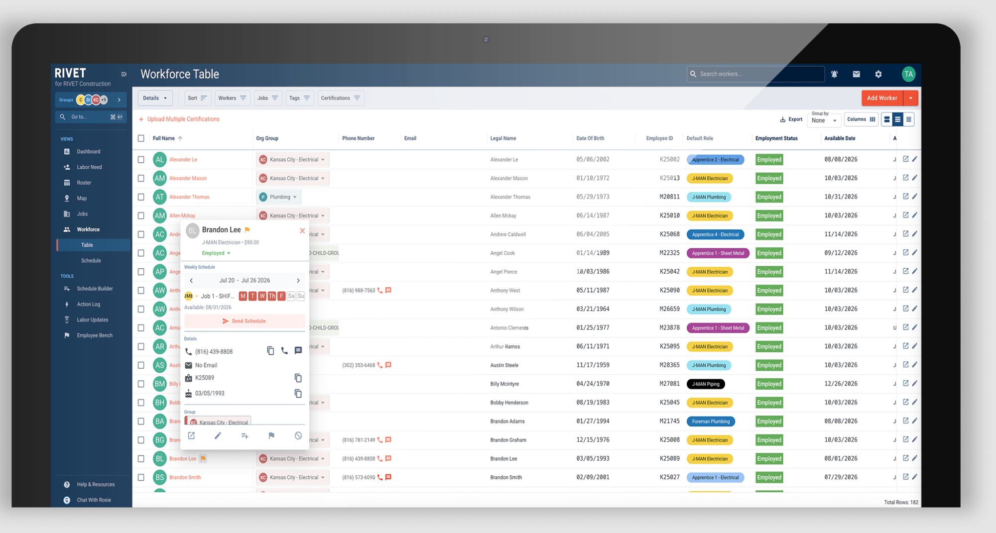 RIVET Workforce Table product screen