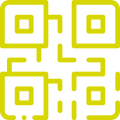 Yellow QR code icon with rounded square corners on a white background.