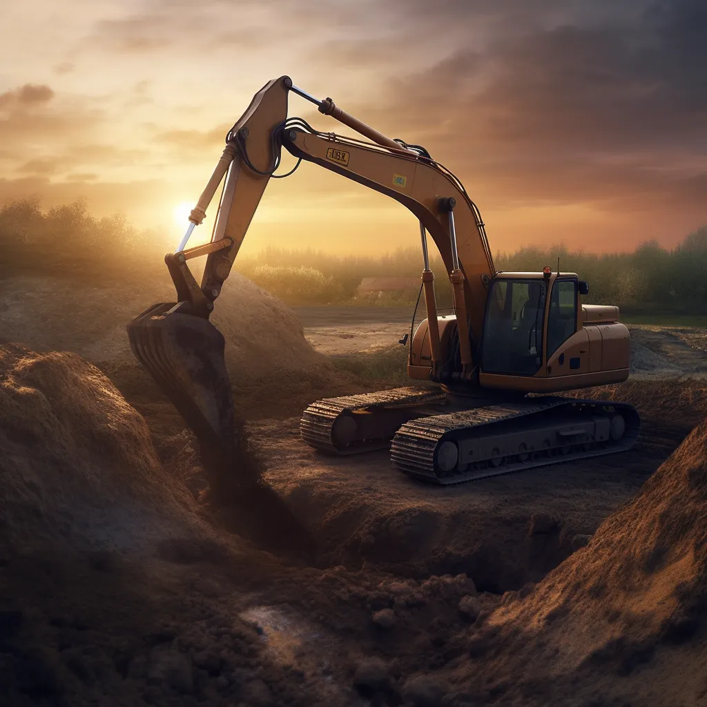 Yellow excavator digging dirt at a construction site during sunset with a dramatic sky.