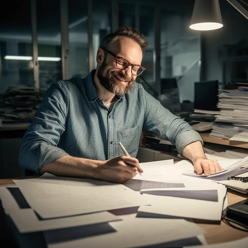 Smiling man with glasses and beard writing on papers at a desk illuminated by a desk lamp.