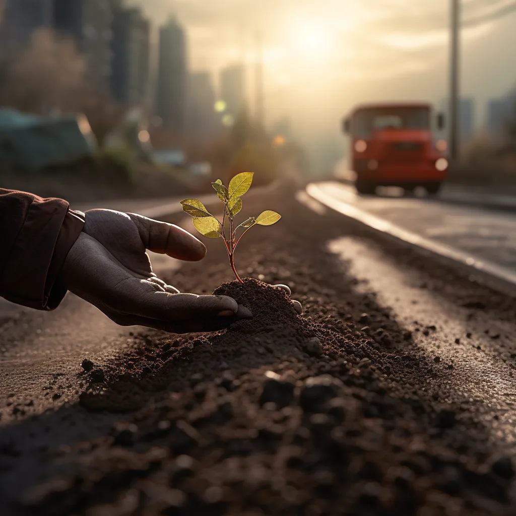 Hand planting a small green seedling in soil on a city street at sunset.