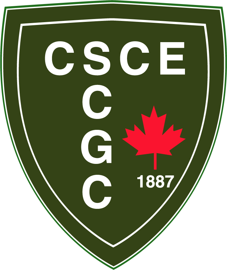 Shield emblem with white letters CSCE CGC and a red maple leaf above the year 1887 on a dark green background.