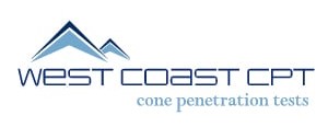 Logo featuring stylized blue mountain peaks above the text 'West Coast CPT' and 'cone penetration tests'.