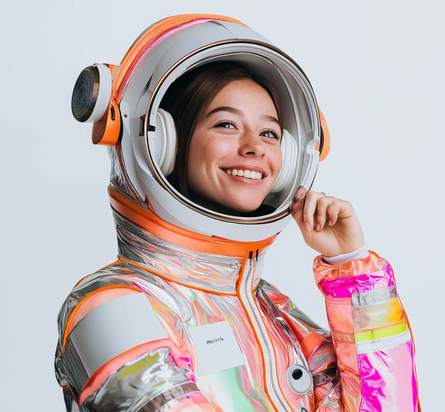 Smiling young woman in a bright and colourful space suit.