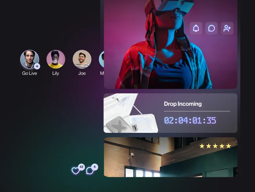 LivLive AR gaming interface - virtual reality UI with live stream and countdown timer for location-based events