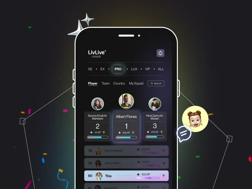 LivLive gamified leaderboard - mobile AR gaming interface with user rankings, avatars, and competitive scoring