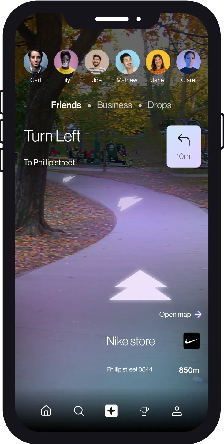 LivLive AR navigation app - mobile interface showing park path with directional arrows for location-based gaming