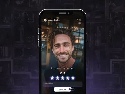 LivLive mobile app - smartphone showing coffee shop ratings and smiling user for location-based AR gaming