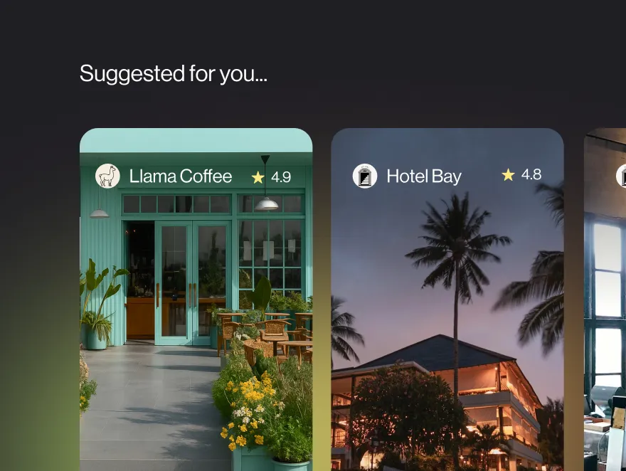 LivLive partner suggestions - Llama Coffee and Hotel Bay with ratings for AR gaming location-based rewards