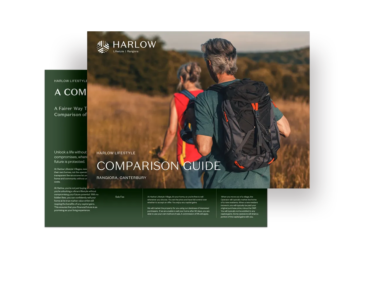 Harlow Lifestyle Comparison Guide showing two hikers with backpacks walking in a field with trees in the background.