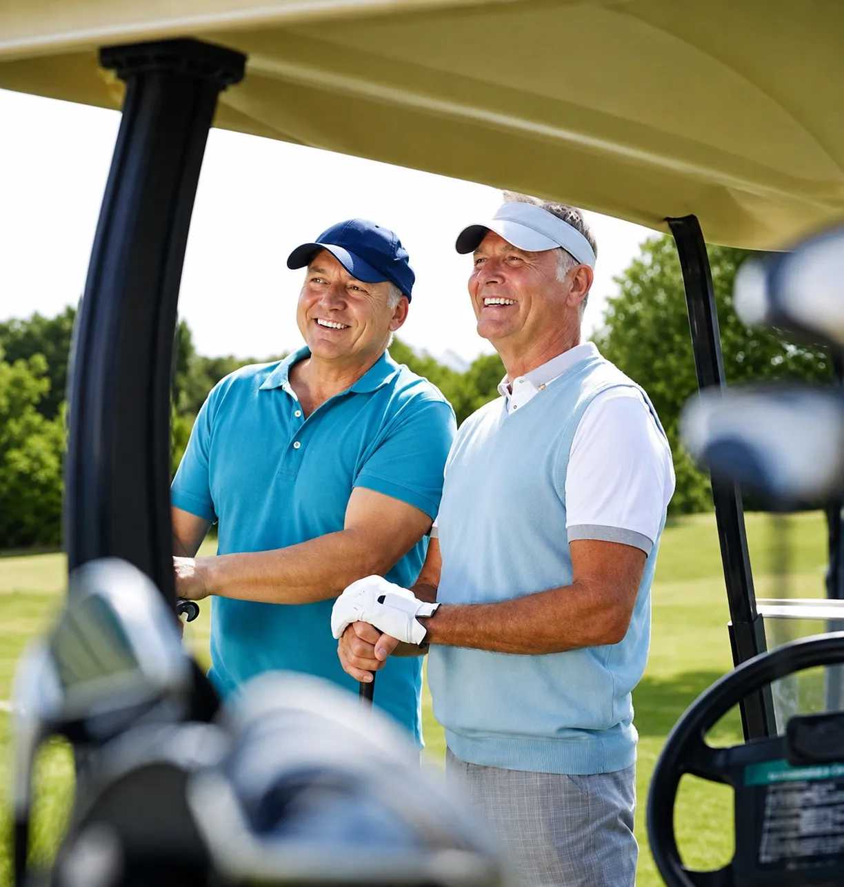 Two middle-aged men smiling and standing together near a golf cart on a sunny golf course, one wearing a blue polo and cap, the other in a light blue vest and visor holding a golf club.
