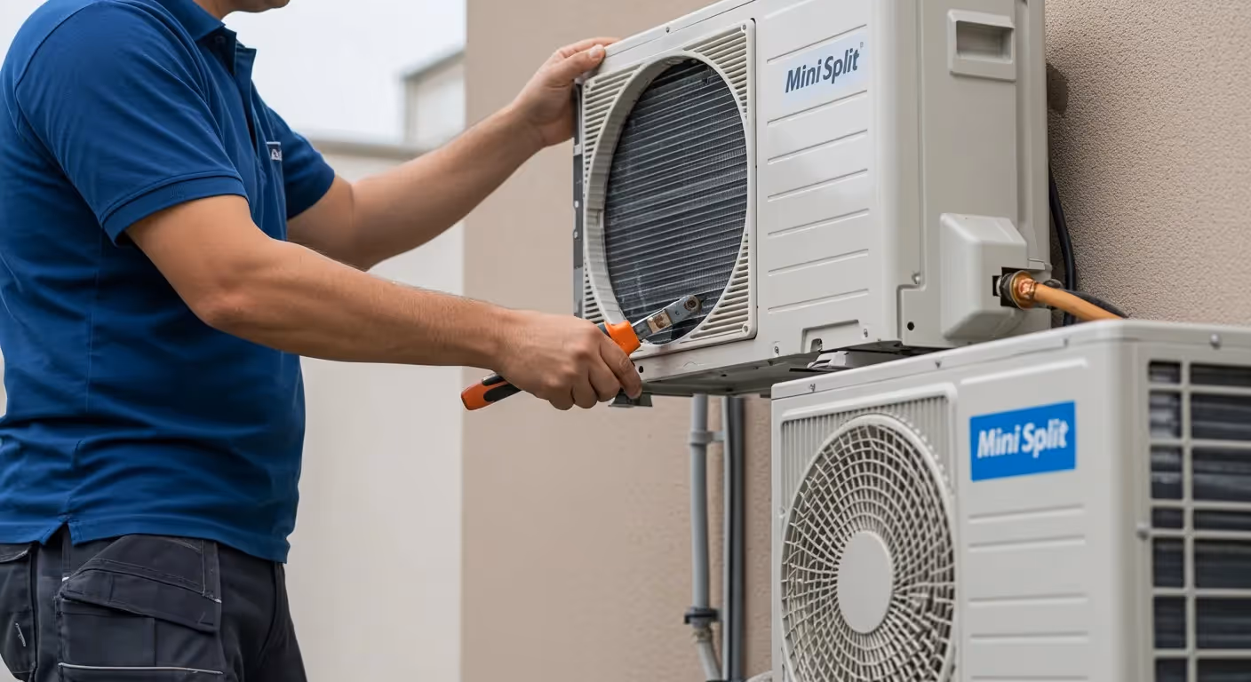 Technician installing an outdoor mini-split unit.