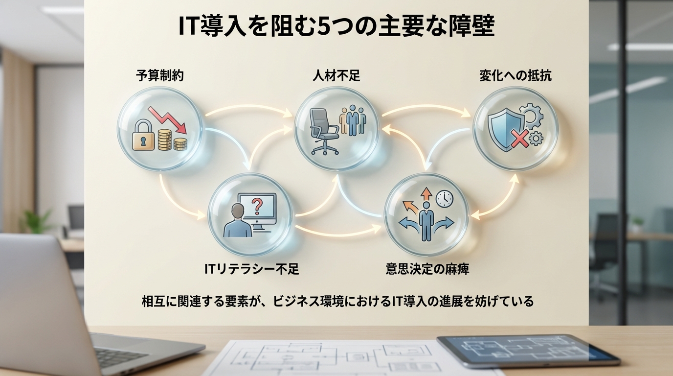 IT化が遅れる5つの原因の概念図