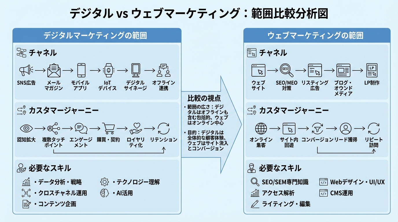 デジタルとWebマーケティングの違いを比較する図解