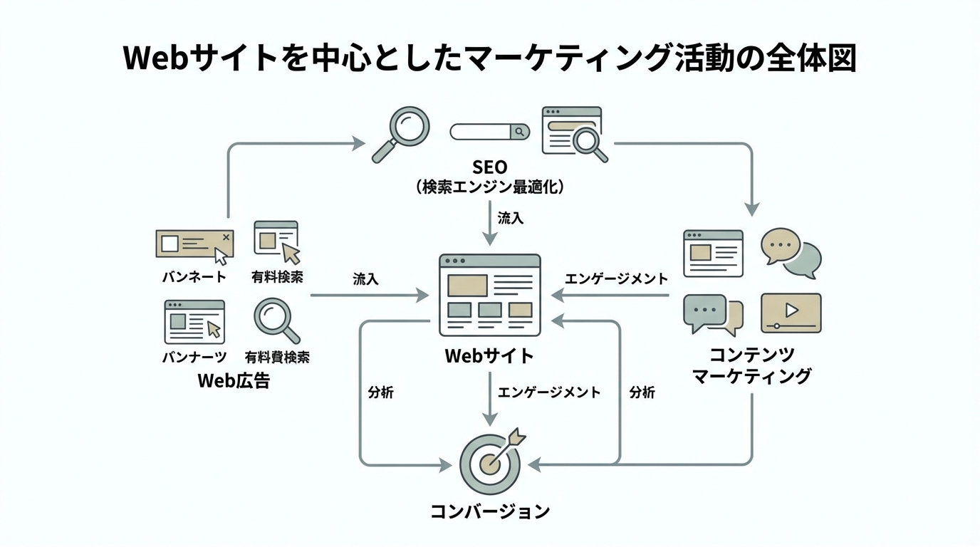 Webマーケティングの定義と範囲を示すイラスト