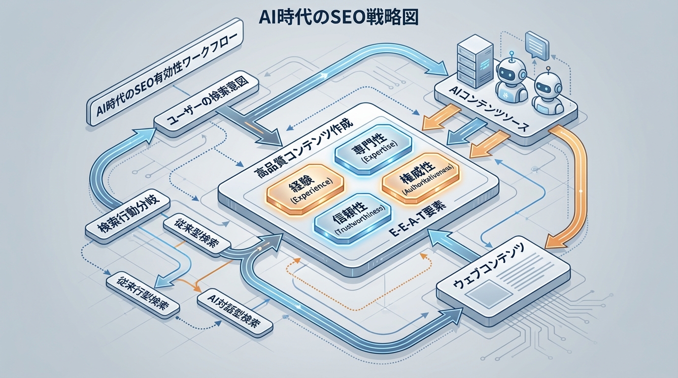 AI時代でもSEOが有効である理由を示すフローチャート、E-E-A-Tと検索意図の関係