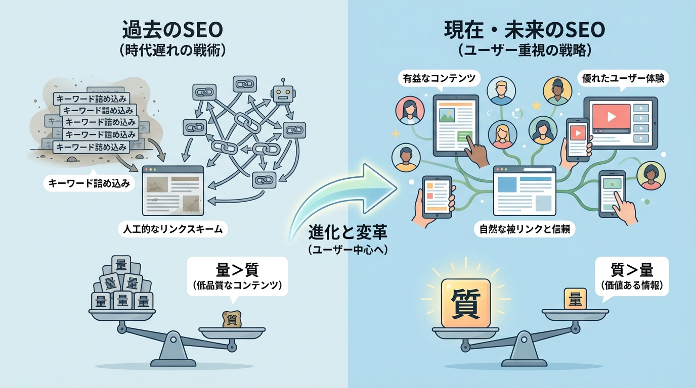 古いSEOと新しいSEOの対比を表現したビフォーアフター図解