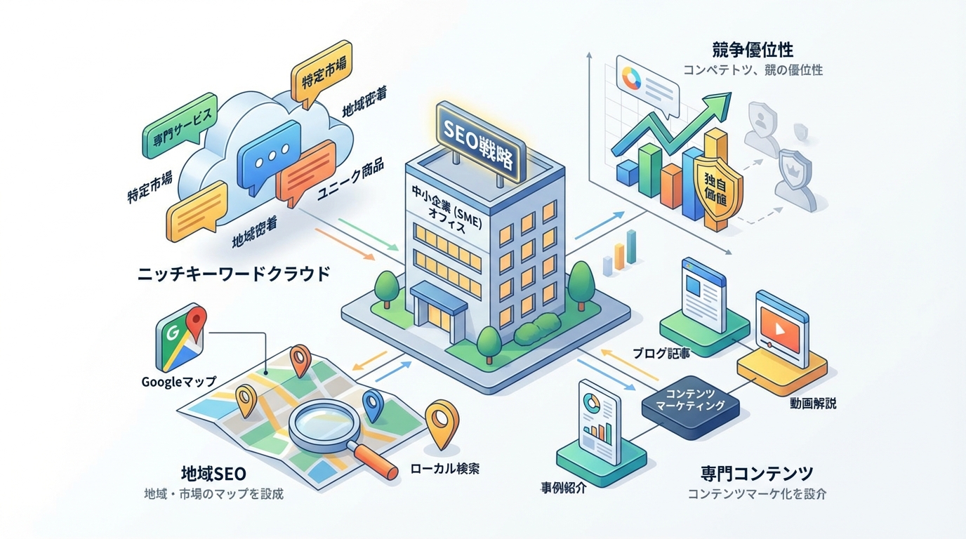 中小企業のSEO戦略を表現したアイソメトリック図解