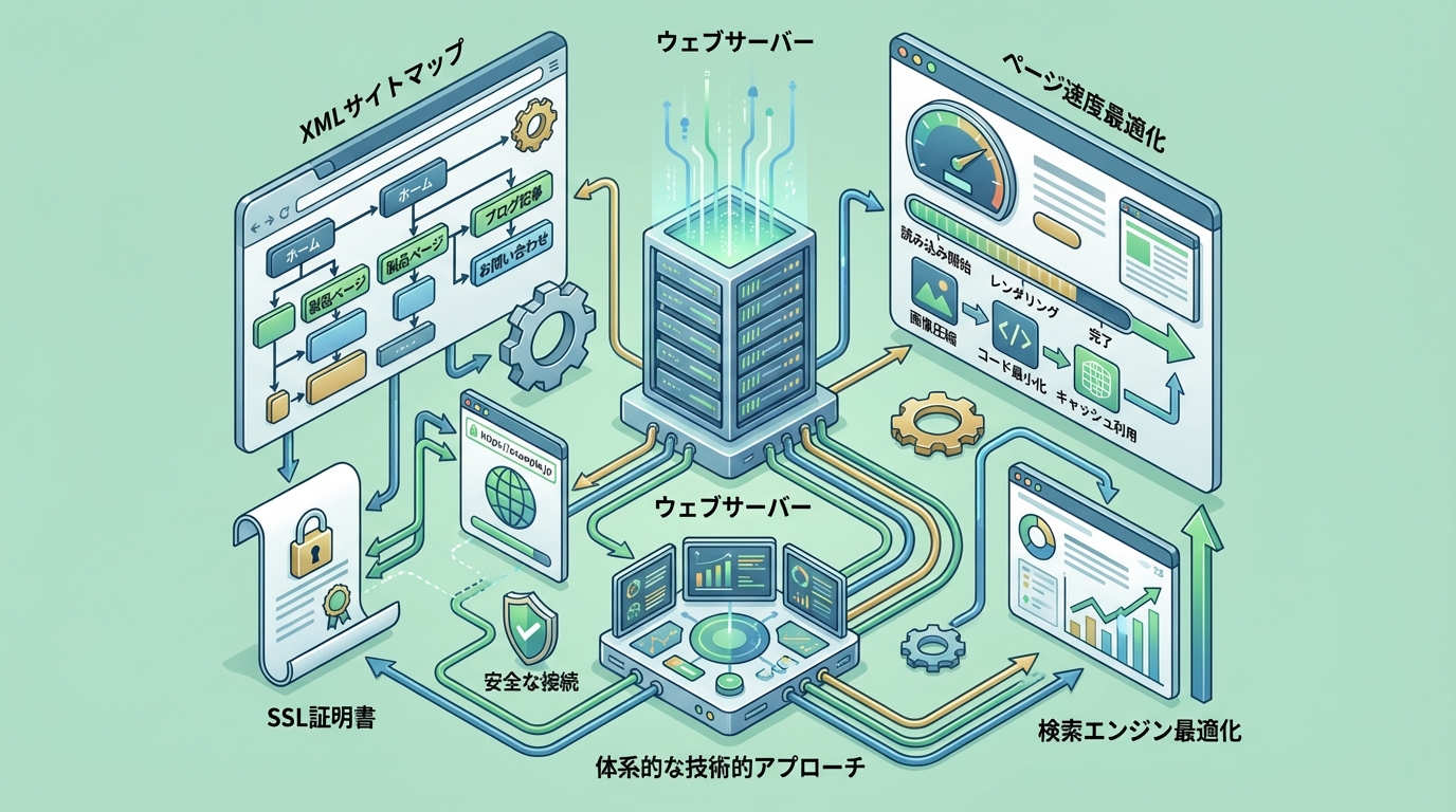テクニカルSEOの7つの施策を表現するイラスト
