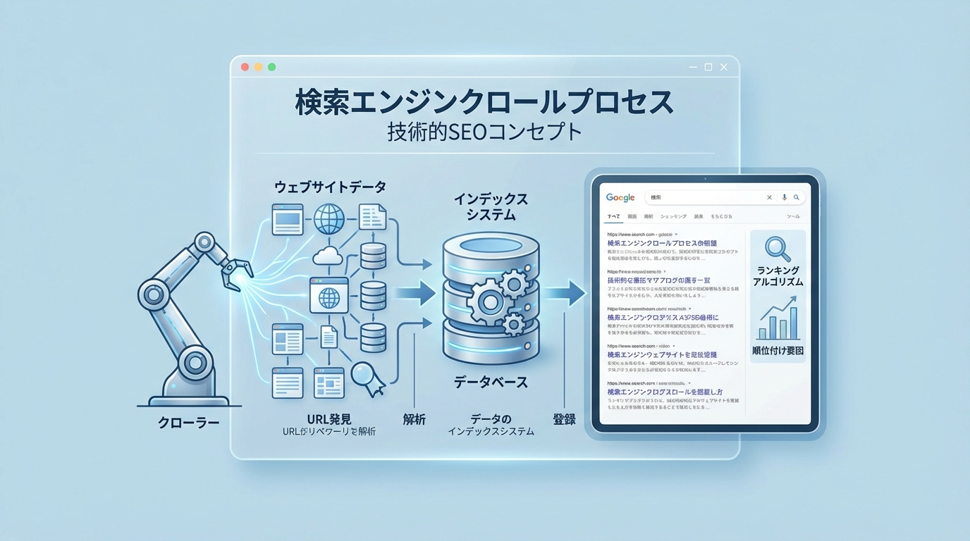 検索エンジンの仕組みを表現する写真風のビジュアル
