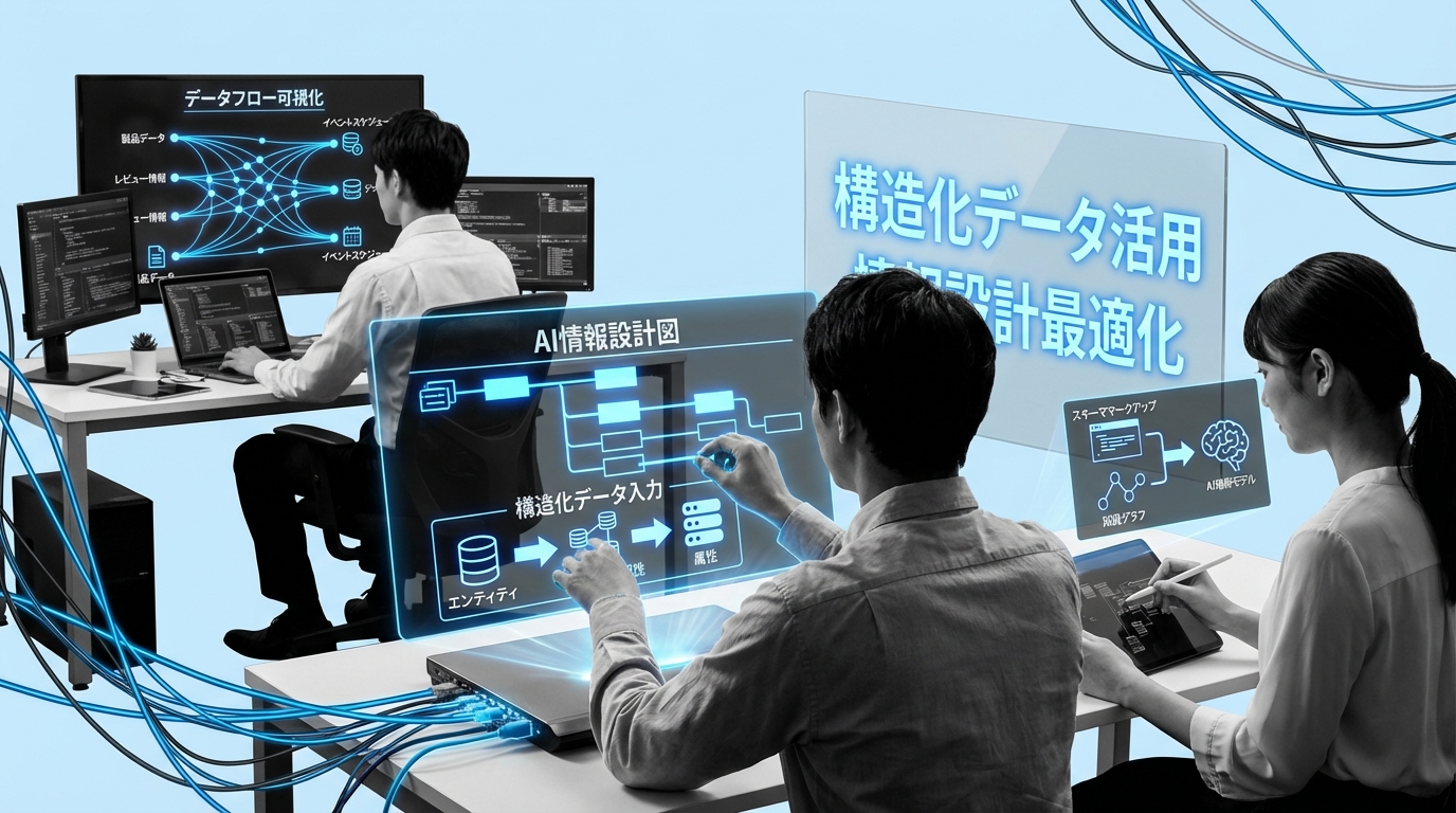 dynamic scene of people working with structured data from three-quarter angle