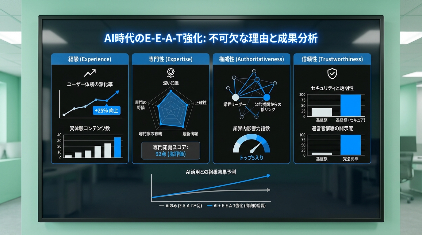 photorealistic front view of data analysis and graphs showing E-E-A-T impact