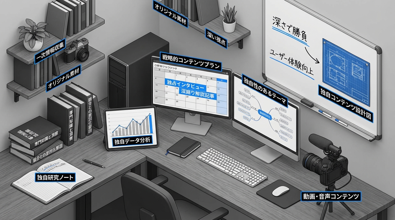 photorealistic isometric view of unique content creation process