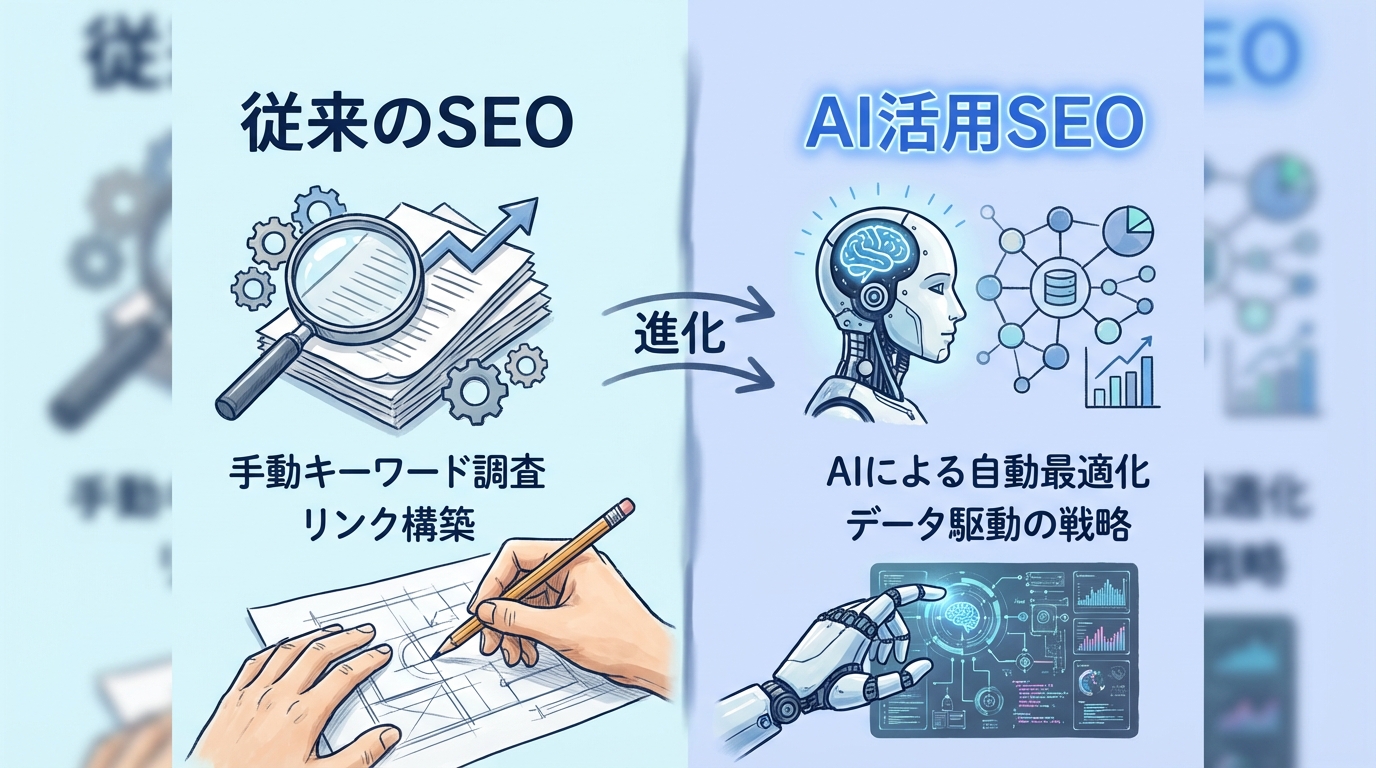 従来SEOとAI活用SEOの違いをクローズアップで表現