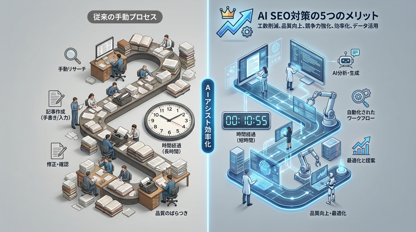 AI SEO対策による工数削減効果を表現する俯瞰ビュー