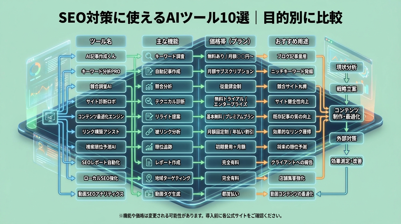 SEO対策AIツール10選の比較マトリクス