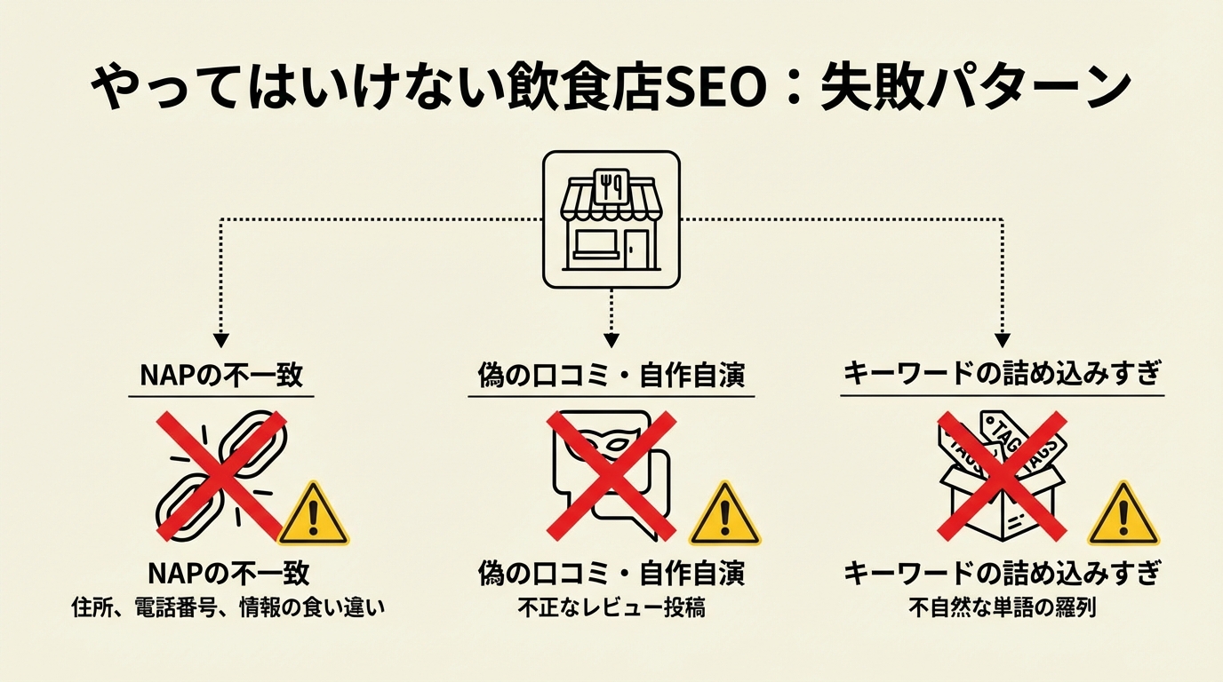 飲食店SEOの失敗パターンを警告する図解