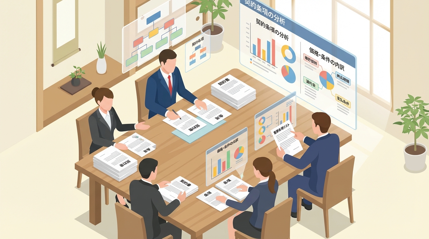 契約書の重要項目をチェックする園の先生と撮影業者の打ち合わせシーン