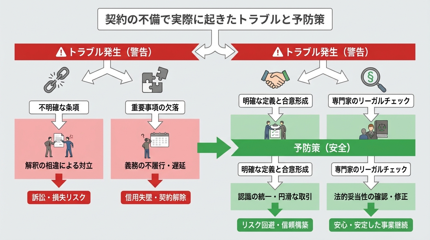 契約トラブルの事例と予防策をフローチャートで示した図解
