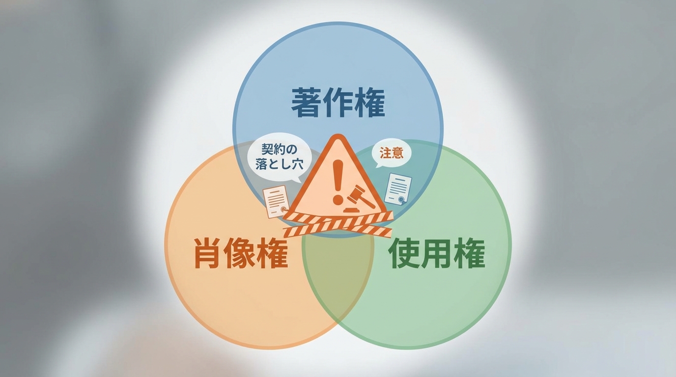 著作権・肖像権・使用権の3つの権利関係を視覚的に表現したイラスト